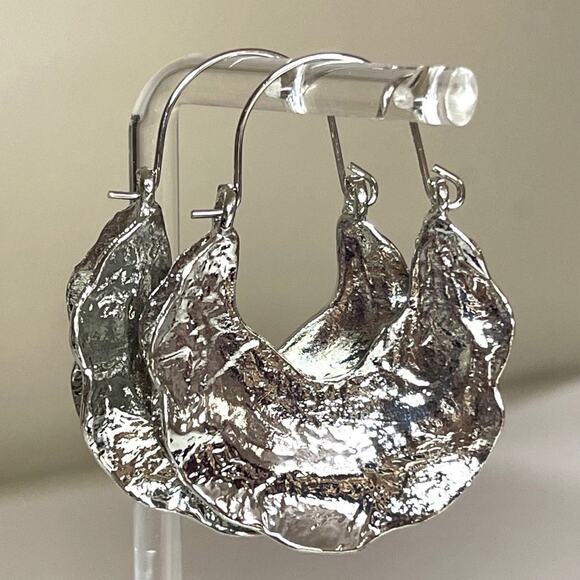NEW Earrings Chunky Silver Molten Metal Crumpled Hoop Alexis Bittar STYLE O09 - Picture 1 of 4